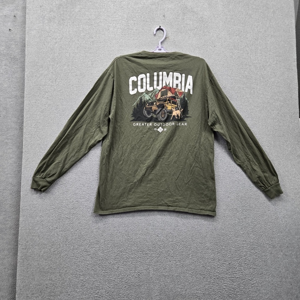 Columbia Men Shirt L Green Greater Outdoor Gear Camping Logo Graphic Print